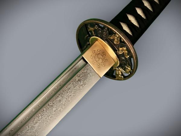 Snake Samurai-Schwerter-Set mit 12-mal gefalteter Damaststahl Klingen, Saja mit Schlangenhaut
